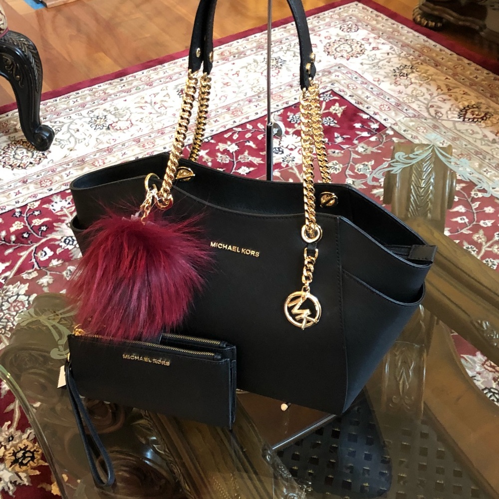 NWT Michael kors jet set chain handbag+wallet+pom - Picture 2 of 8